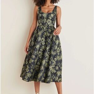 Floral Navy and Metallic Sage Green Dress